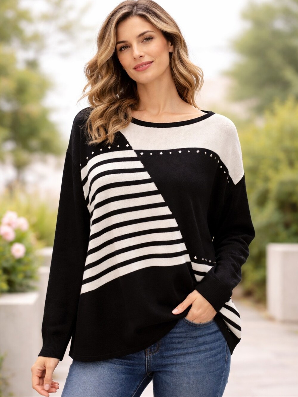 Southern Lady Black and Cream Striped Geometric Sweater, Size 2X